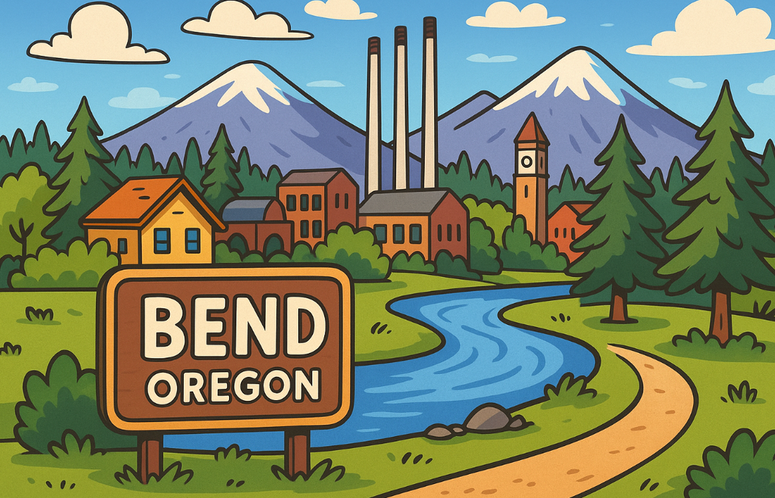 Cartoon-style illustration of Bend, Oregon featuring a welcome sign, a winding river, pine trees, colorful buildings, and snow-capped mountains under a bright blue sky.